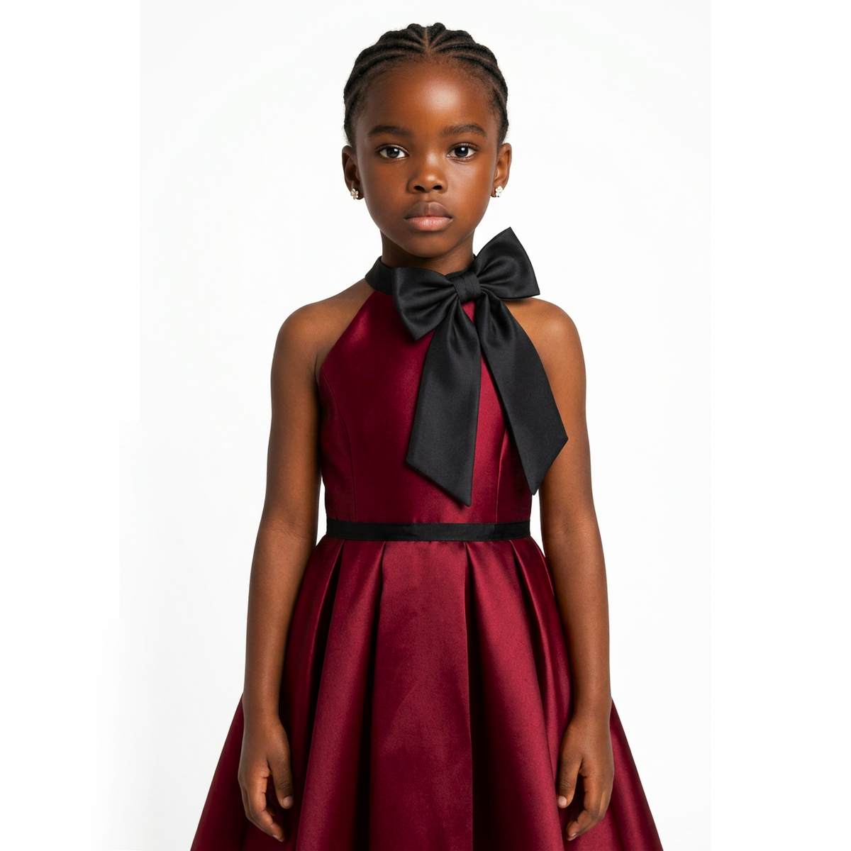 A young girl with braided hair wearing a sleeveless burgundy satin dress with a large black bow at the halter neckline and a matching black waistband, photographed against a plain white studio background.