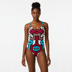 Woman wearing a colorful one-piece swimsuit on a white background