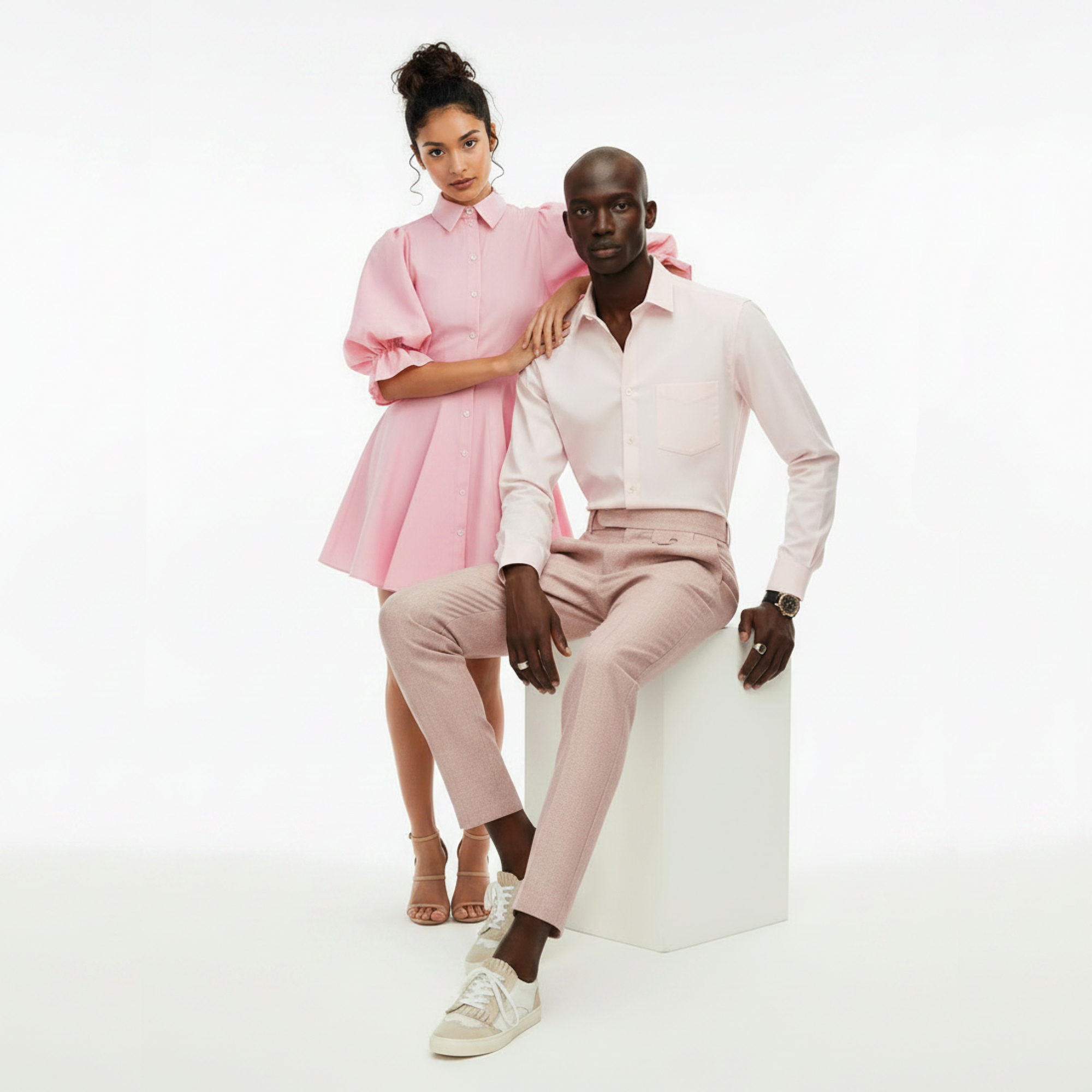 Two people wearing matching pink outfits on a white background