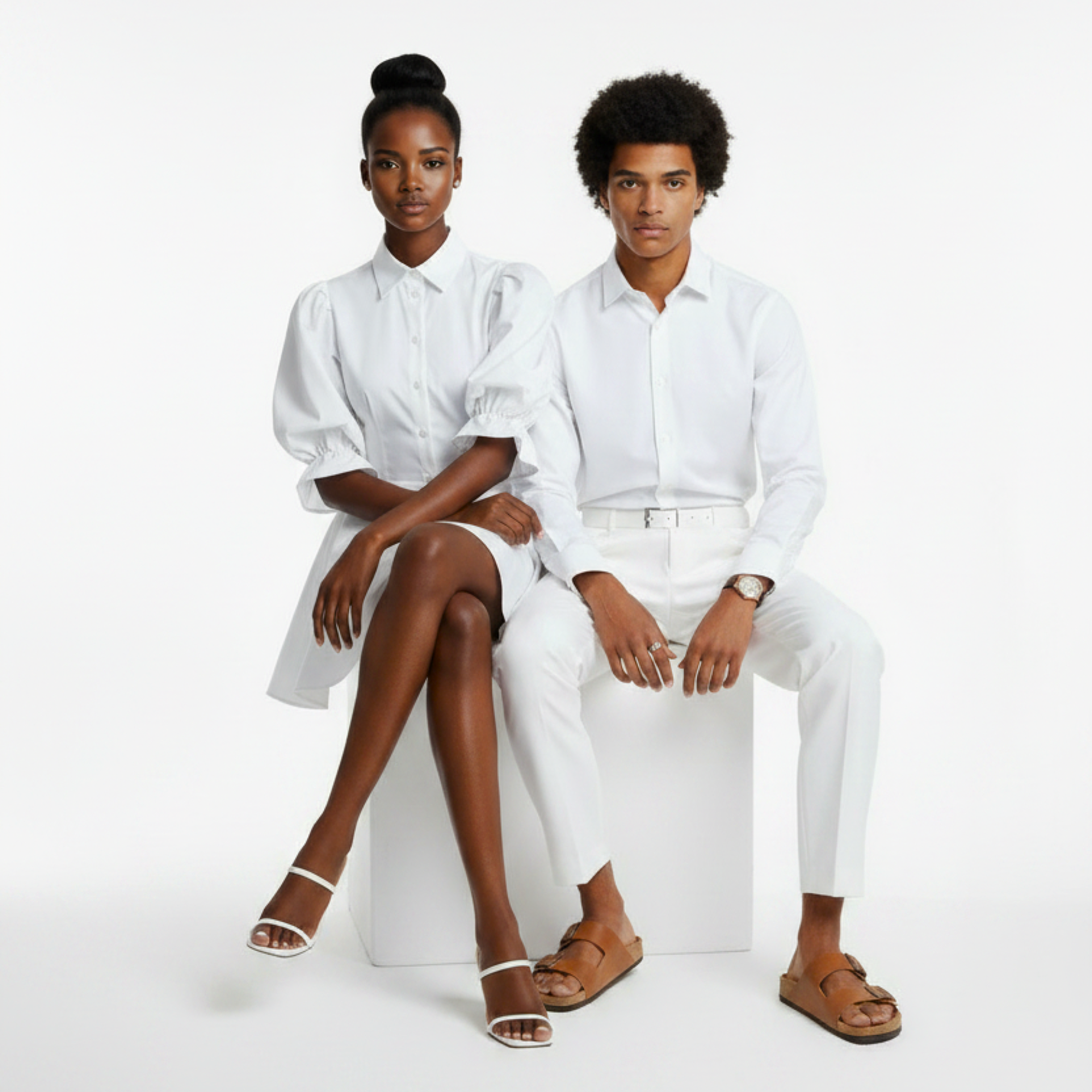 Two people wearing white outfits sitting on a white background
