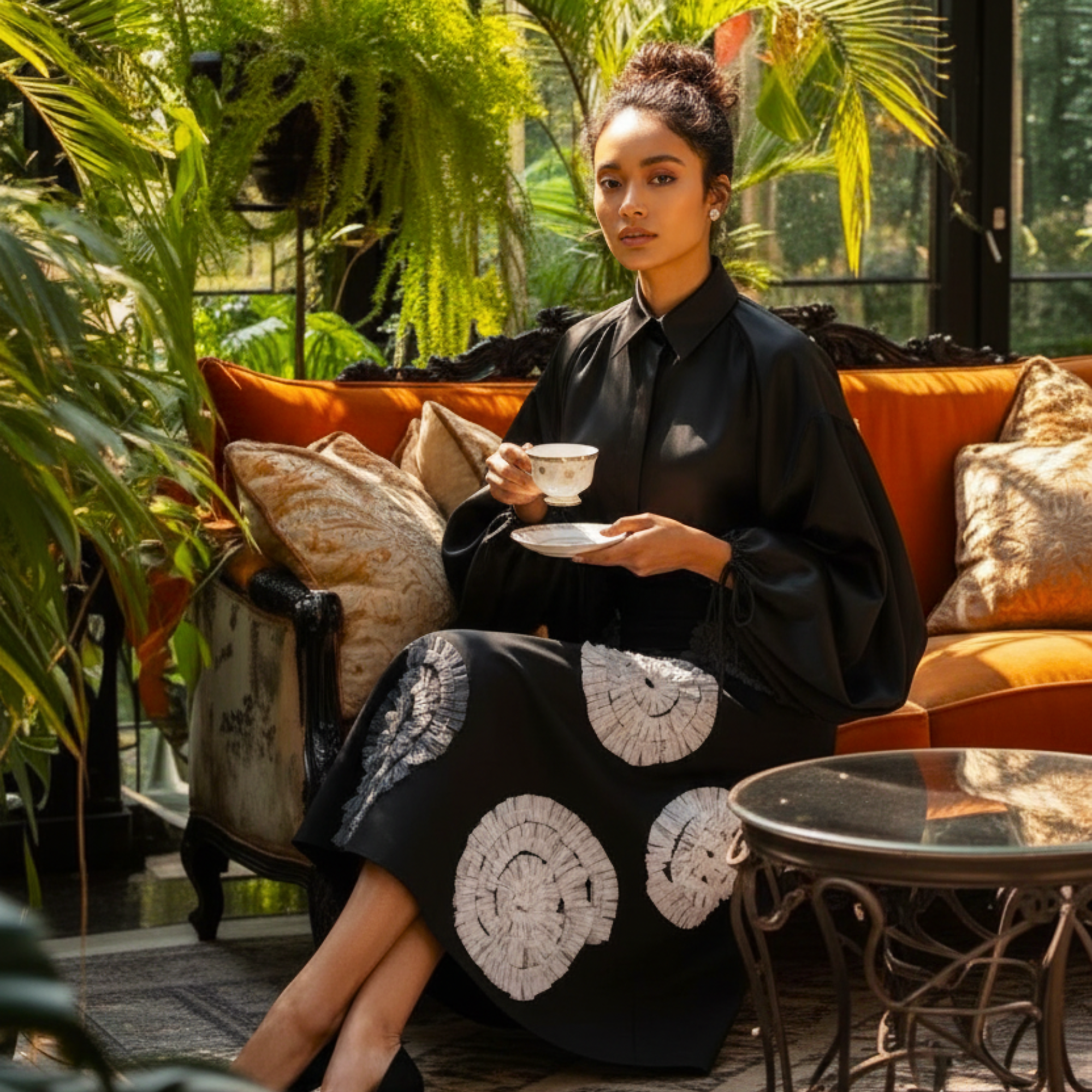 Woman in a black outfit with white patterns sitting on an orange couch holding a cup and saucer.