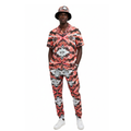 Person wearing a red and black patterned outfit with a matching hat on a white background