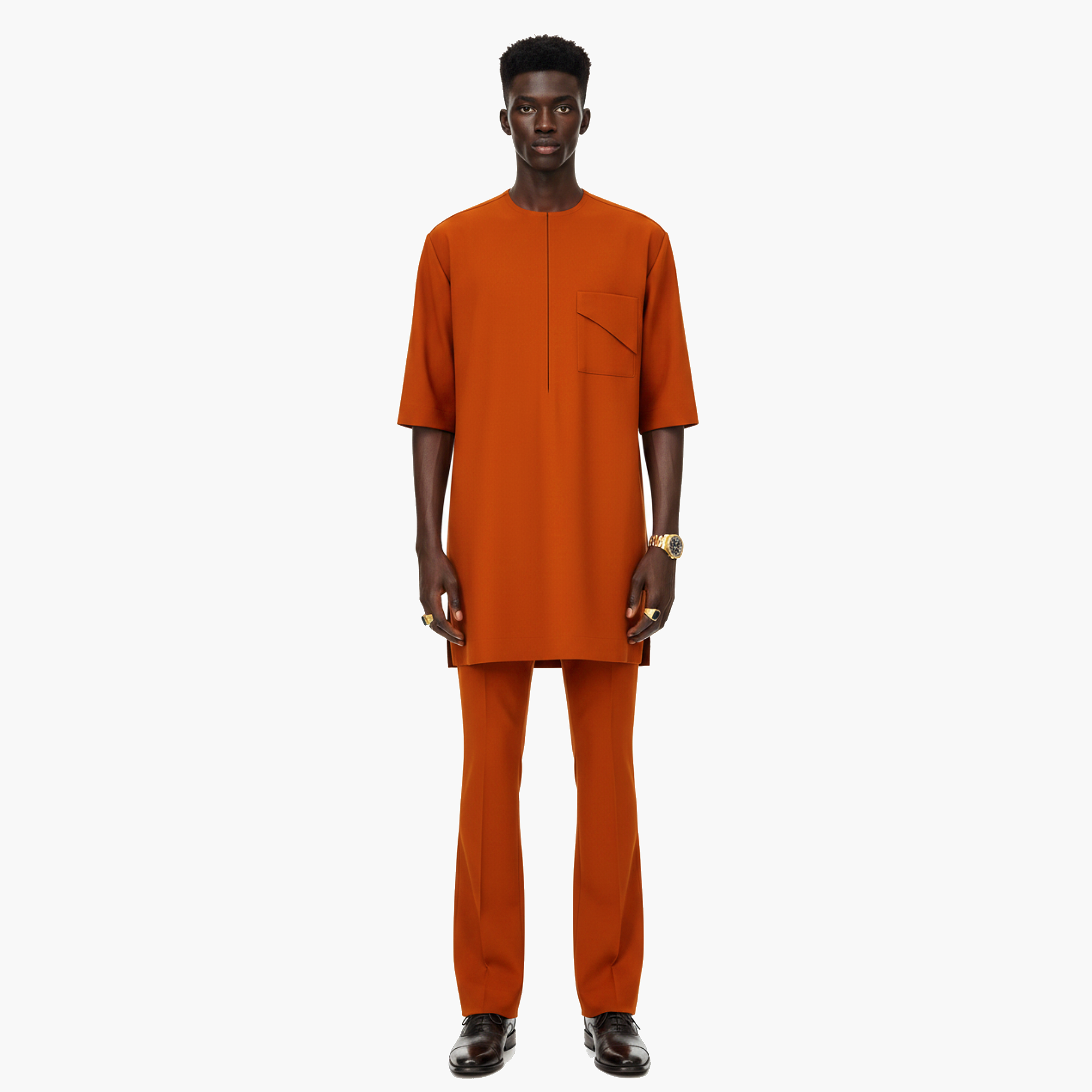 Man wearing an orange outfit on a white background