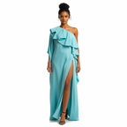 Woman wearing a turquoise one-shoulder dress with a slit on a white background