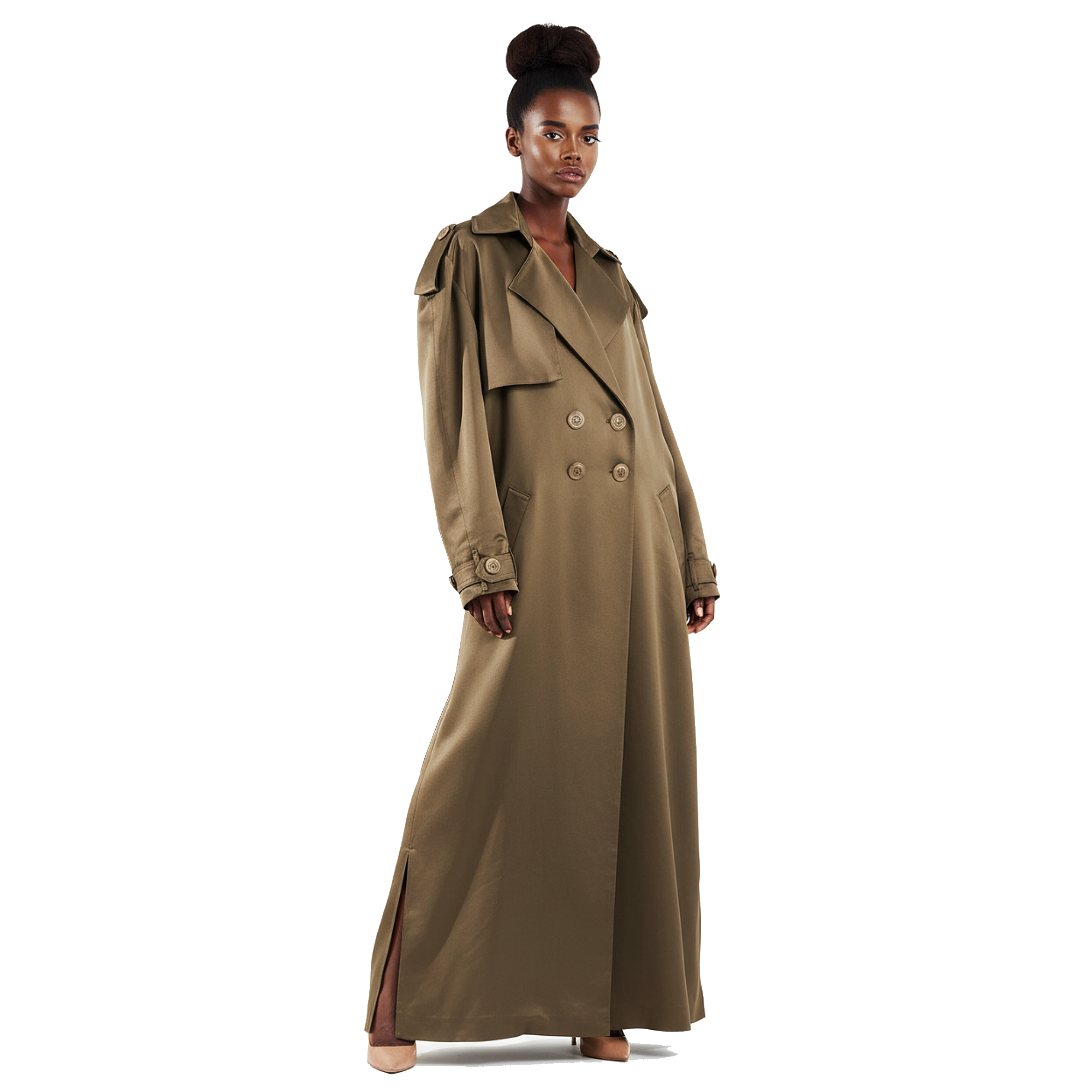 Woman wearing a long beige trench coat on a white background