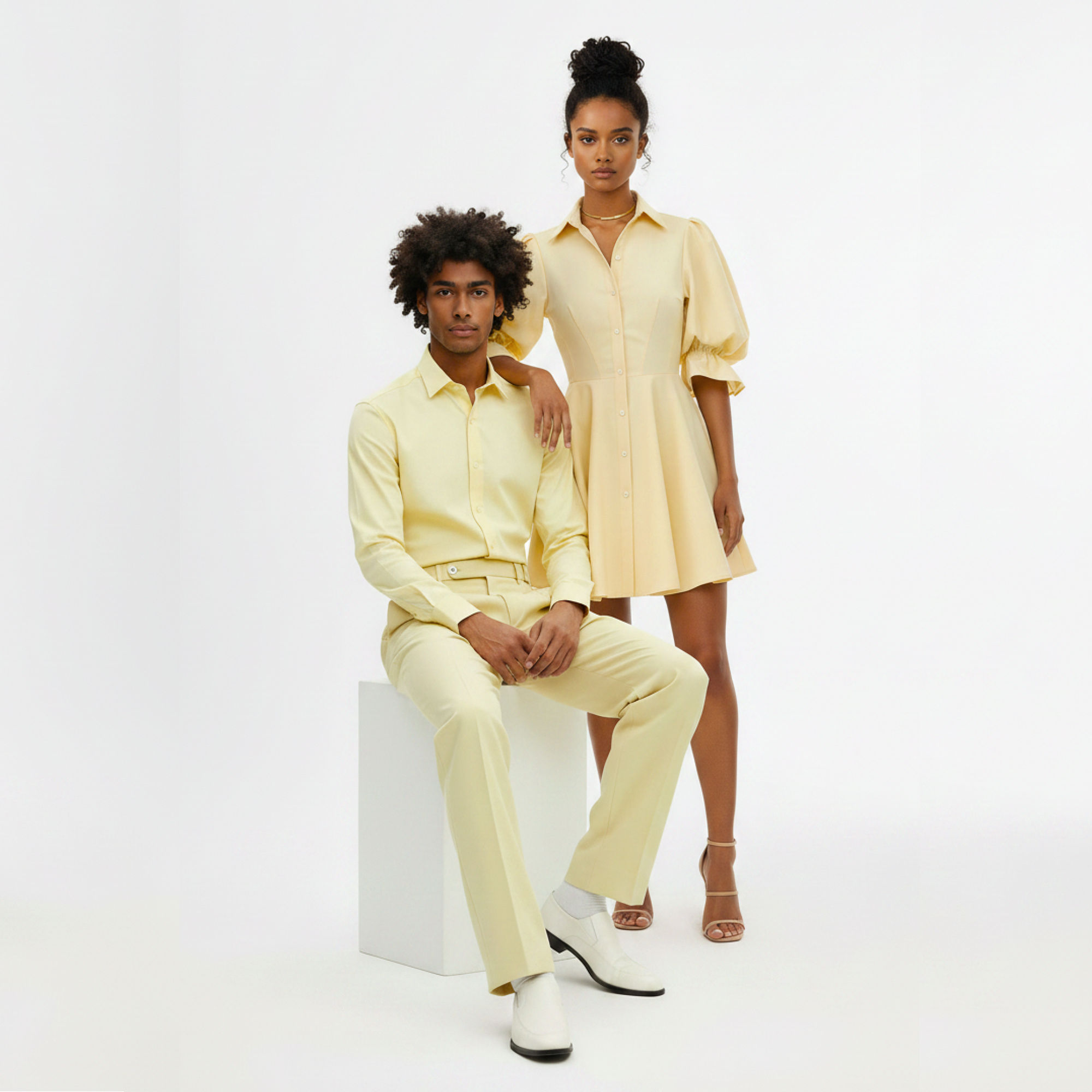 Two people wearing matching yellow outfits on a white background