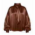 Brown satin blouse with a tie neckline on a white background