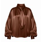 Brown satin blouse with a tie neckline on a white background