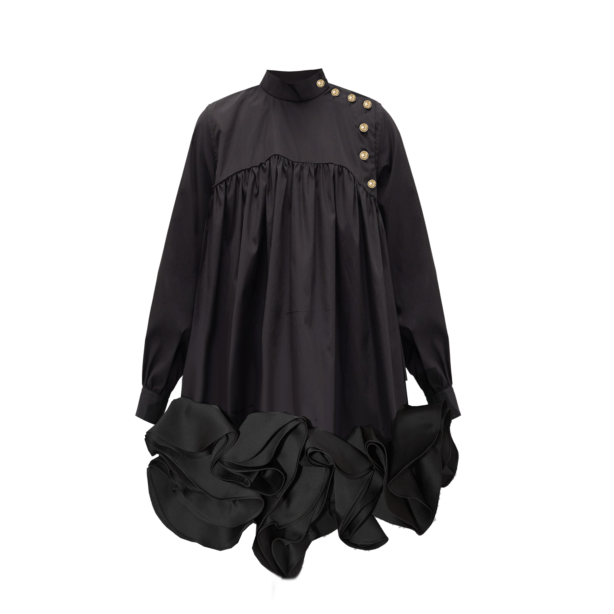 Black dress with gold buttons on a white background