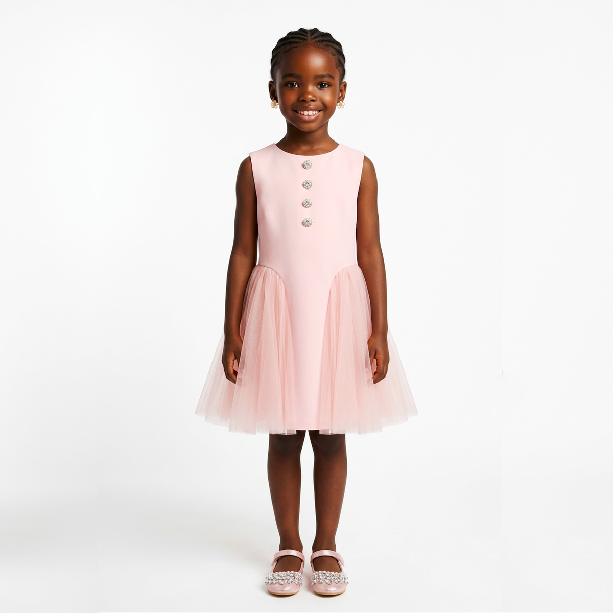 Maya Girls' Button-Detail Tulle Panel Dress