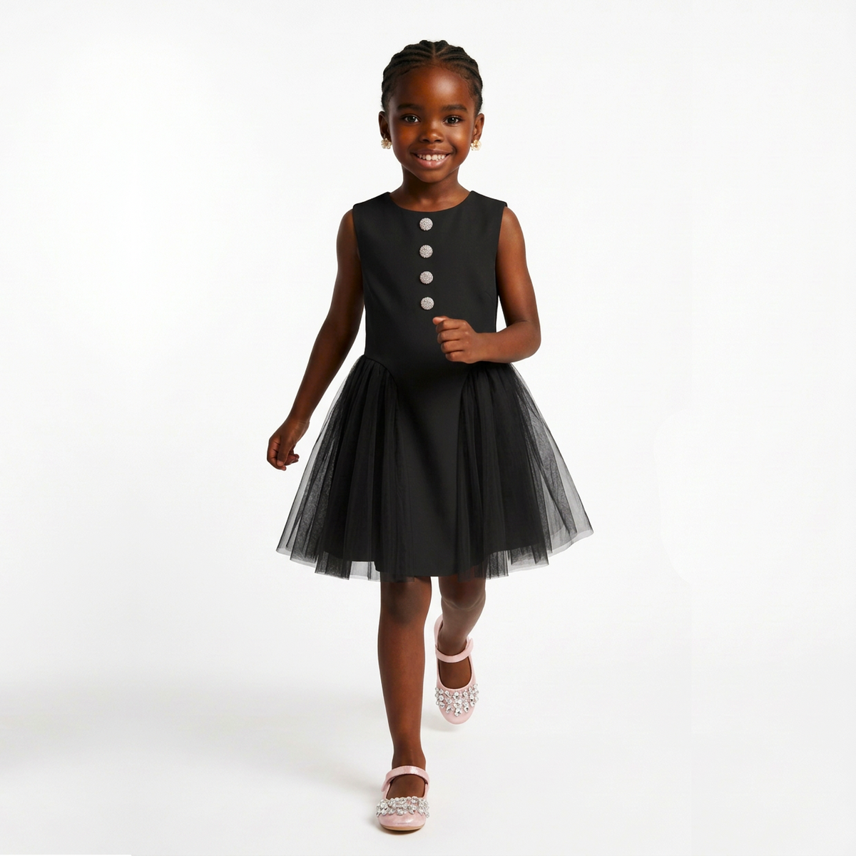 Maya Girls' Button-Detail Tulle Panel Dress