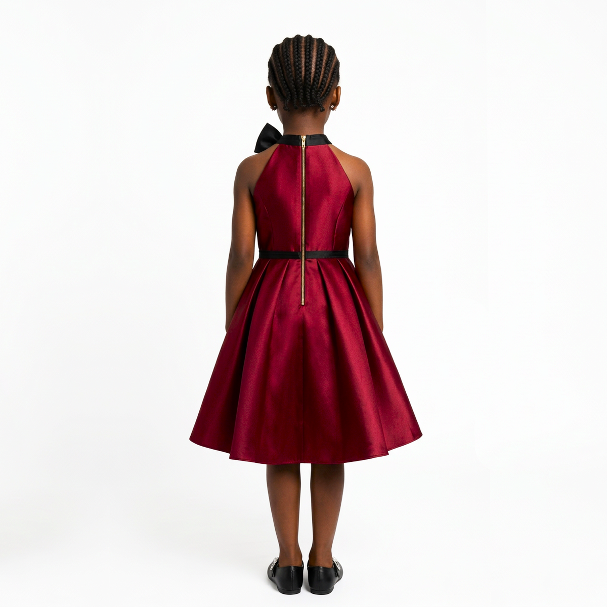 A young girl viewed from behind wearing a sleeveless deep red halter dress with black trim, a black waistband, and a gold center zipper. She is standing against a plain white studio background.