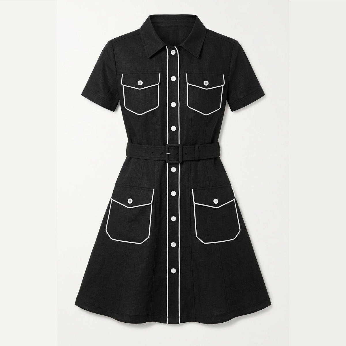 A black short-sleeve shirt dress with white contrast stitching, button details, and flap pockets, shown against a light gray background.