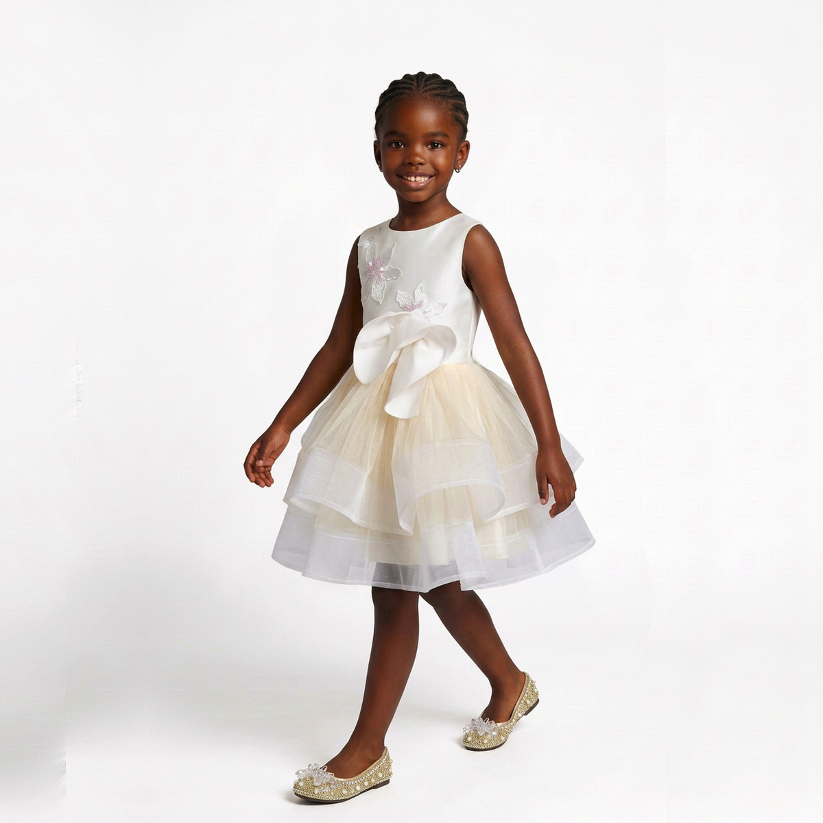 A young girl smiling and posing in a sleeveless white and cream tulle dress with a large bow at the waist, paired with sparkly gold flats, against a plain white studio background.