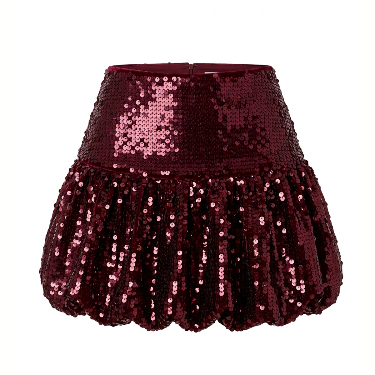 A high-waisted, flared sequin mini skirt in a deep burgundy color, featuring a solid sequined waistband and a ruffled, sequined skirt section, shown against a plain white background.