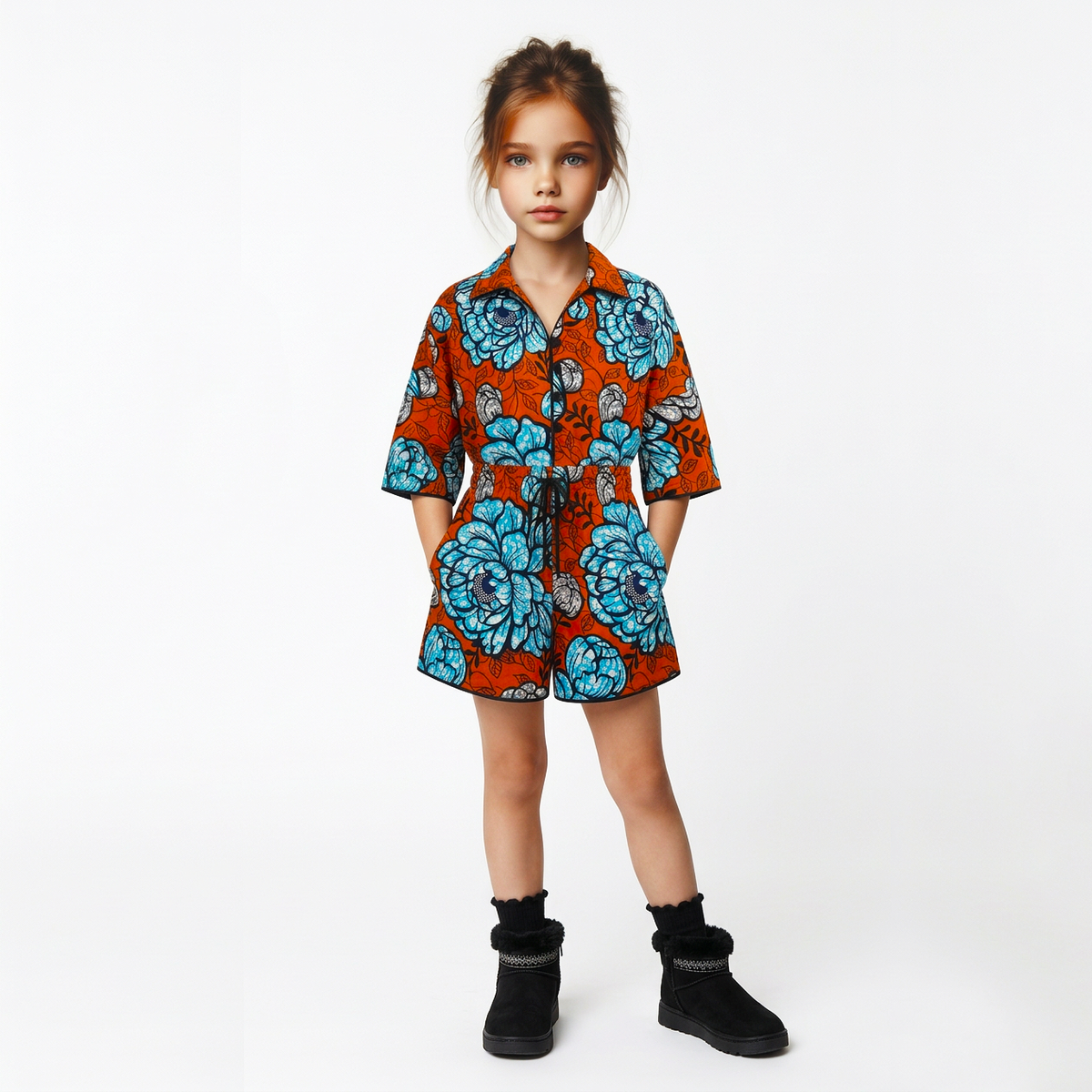 A young girl stands against a plain white studio background wearing a short-sleeve collared romper or tunic dress with a bold floral print in turquoise blue and orange-red, paired with black ankle boots.
