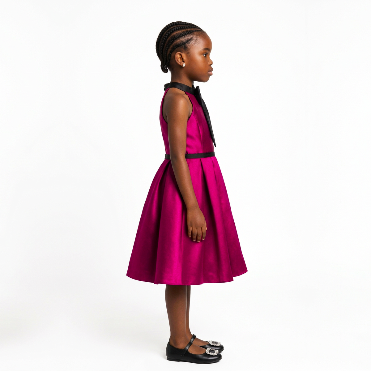 A young girl with braided hair stands in profile wearing a sleeveless magenta dress with a black bow at the neckline and a thin black waistband, paired with black Mary Jane shoes, against a plain white studio background.