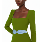 Green dress with a blue belt worn by a model on a white background