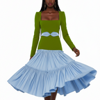 A dress with a green top and blue skirt set on a white background