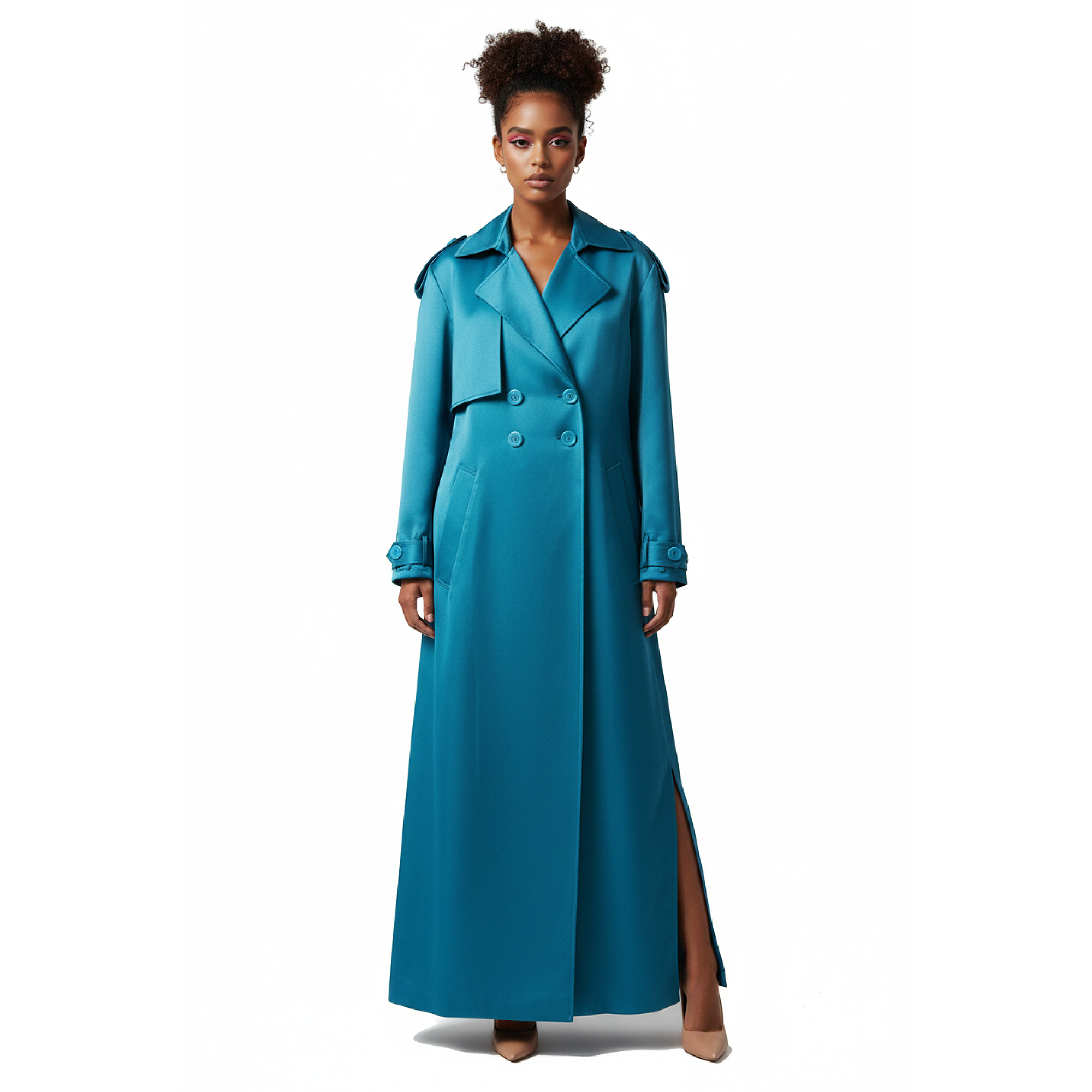 Woman wearing a long blue trench coat on a white background
