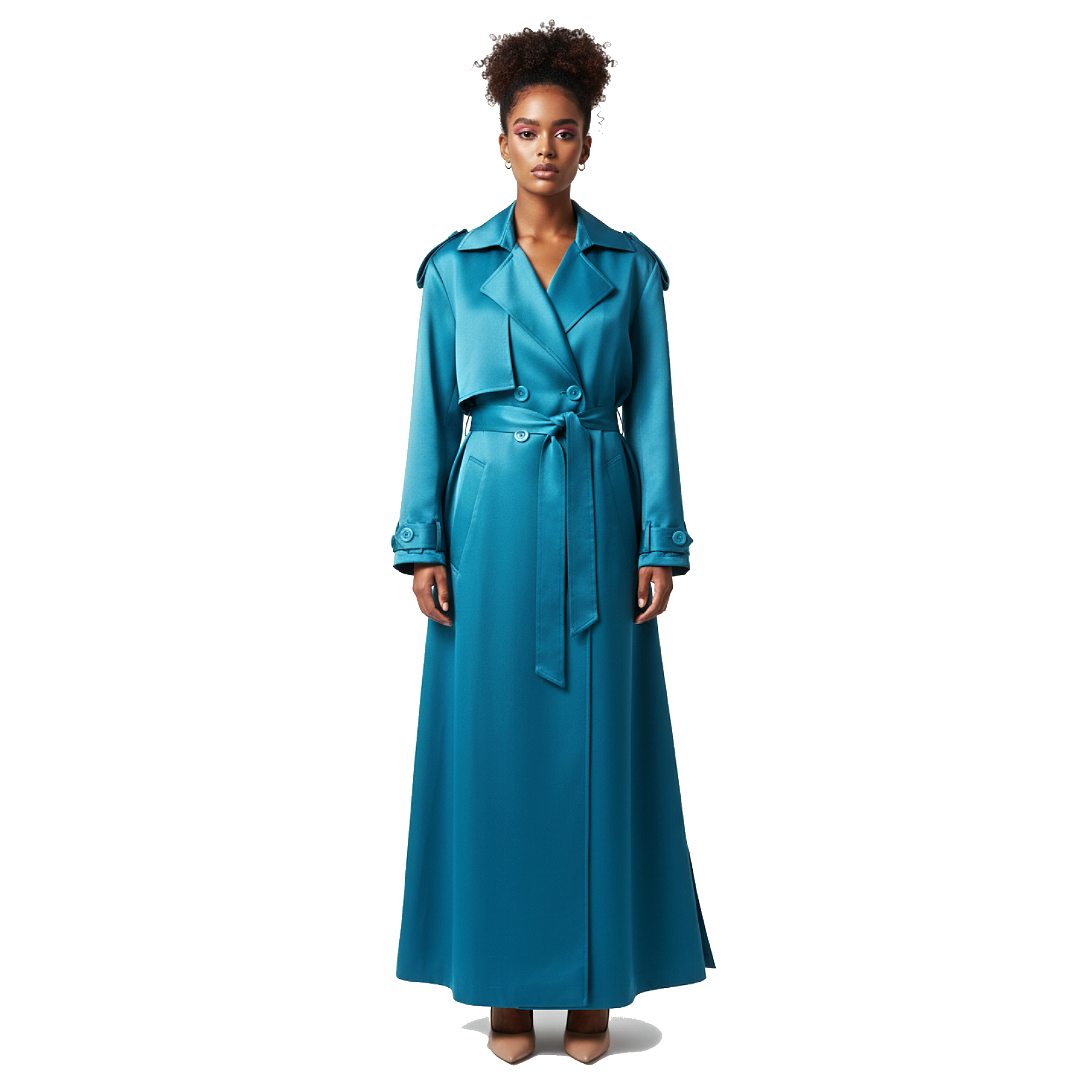Woman wearing a blue trench coat on a white background