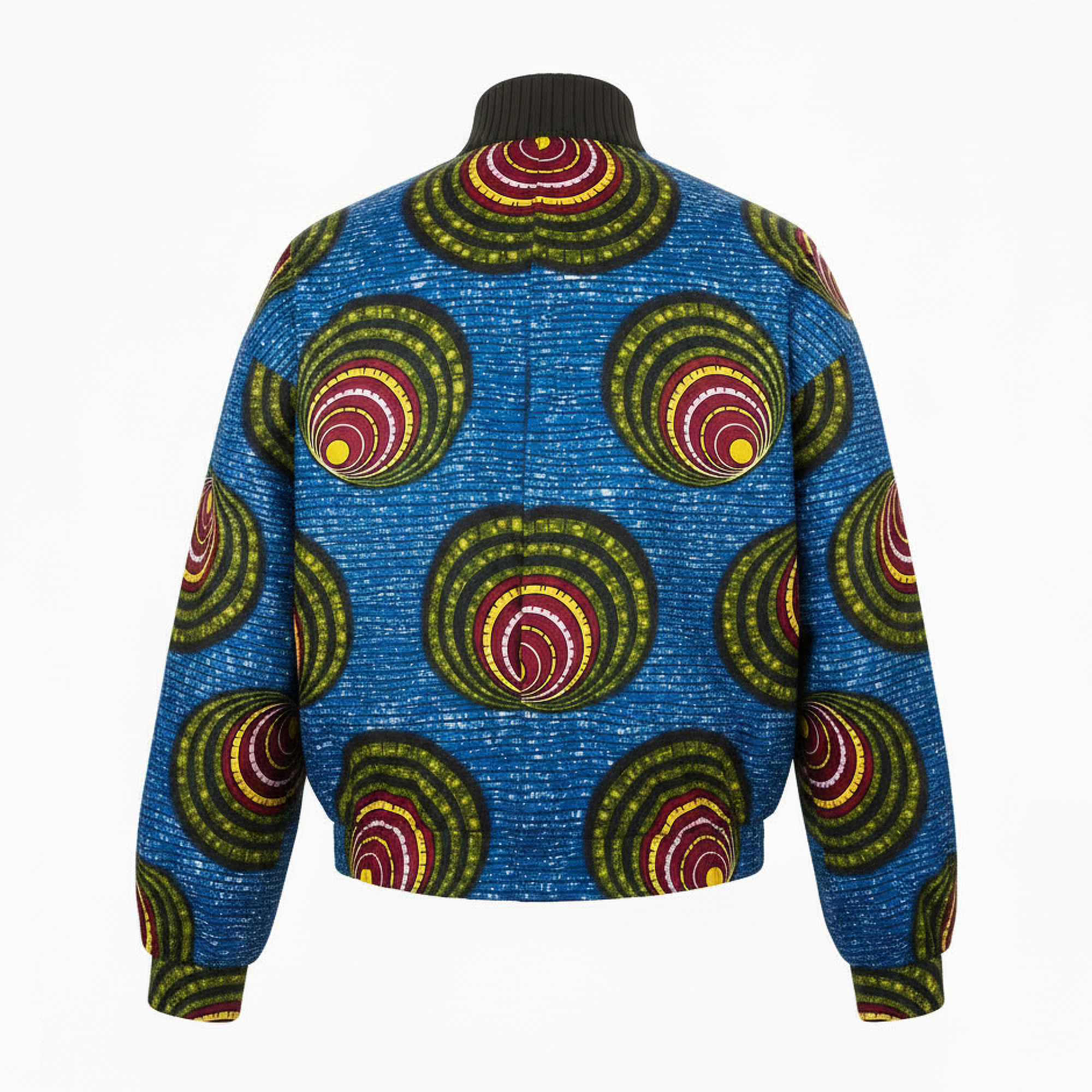 A blue textured jacket with a repeating circular African wax print pattern in green, yellow, red, and purple, shown from the back on a white background.