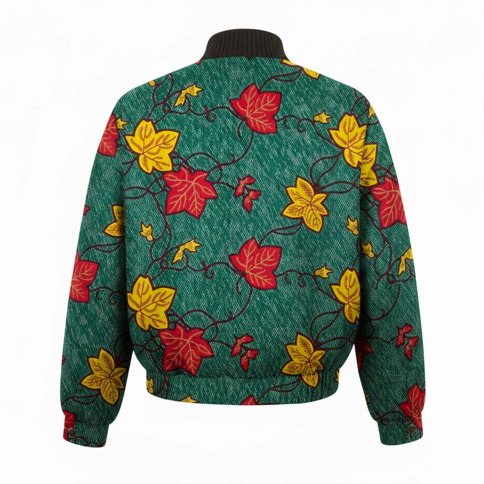 A green knit sweater with a red and yellow autumn leaf pattern, shown from the back on a white background.
