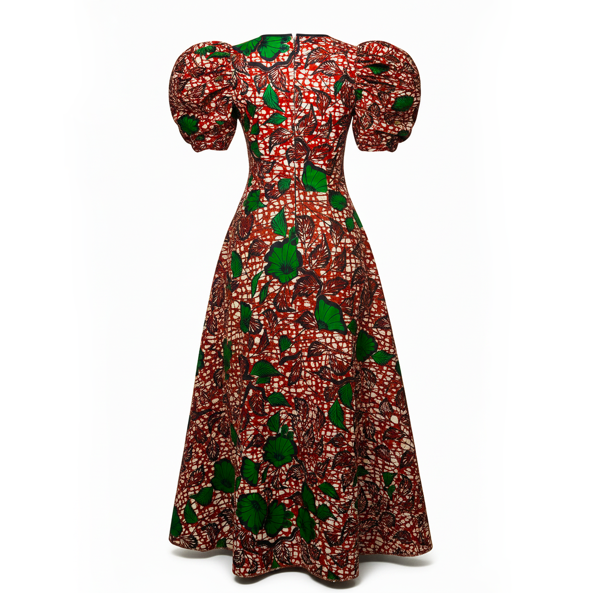 A long puff-sleeve dress with a vibrant red, green, and brown abstract pattern, shown from the back against a plain white background.