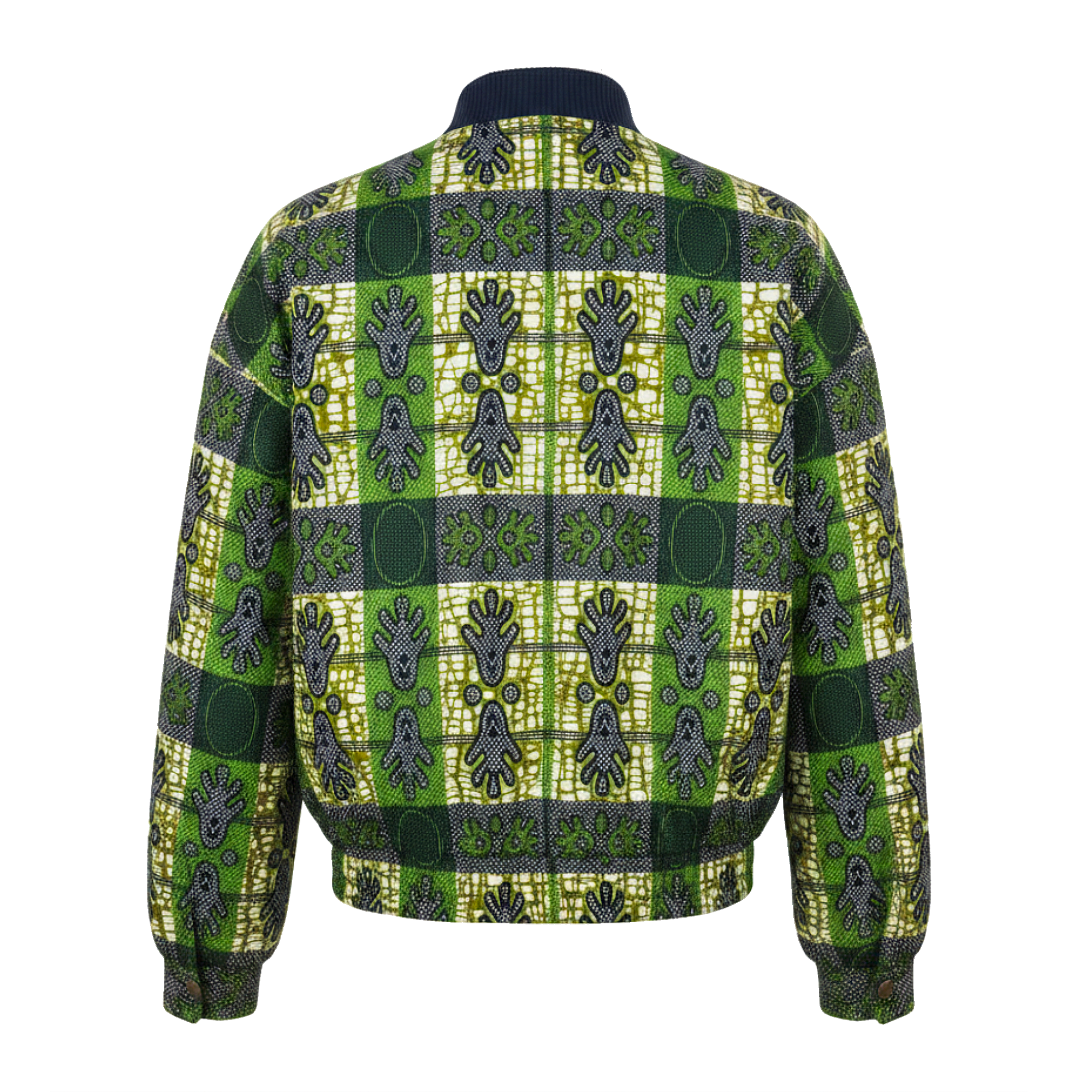 A green and yellow patterned jacket with a dark navy collar, shown from the back against a plain white background.
