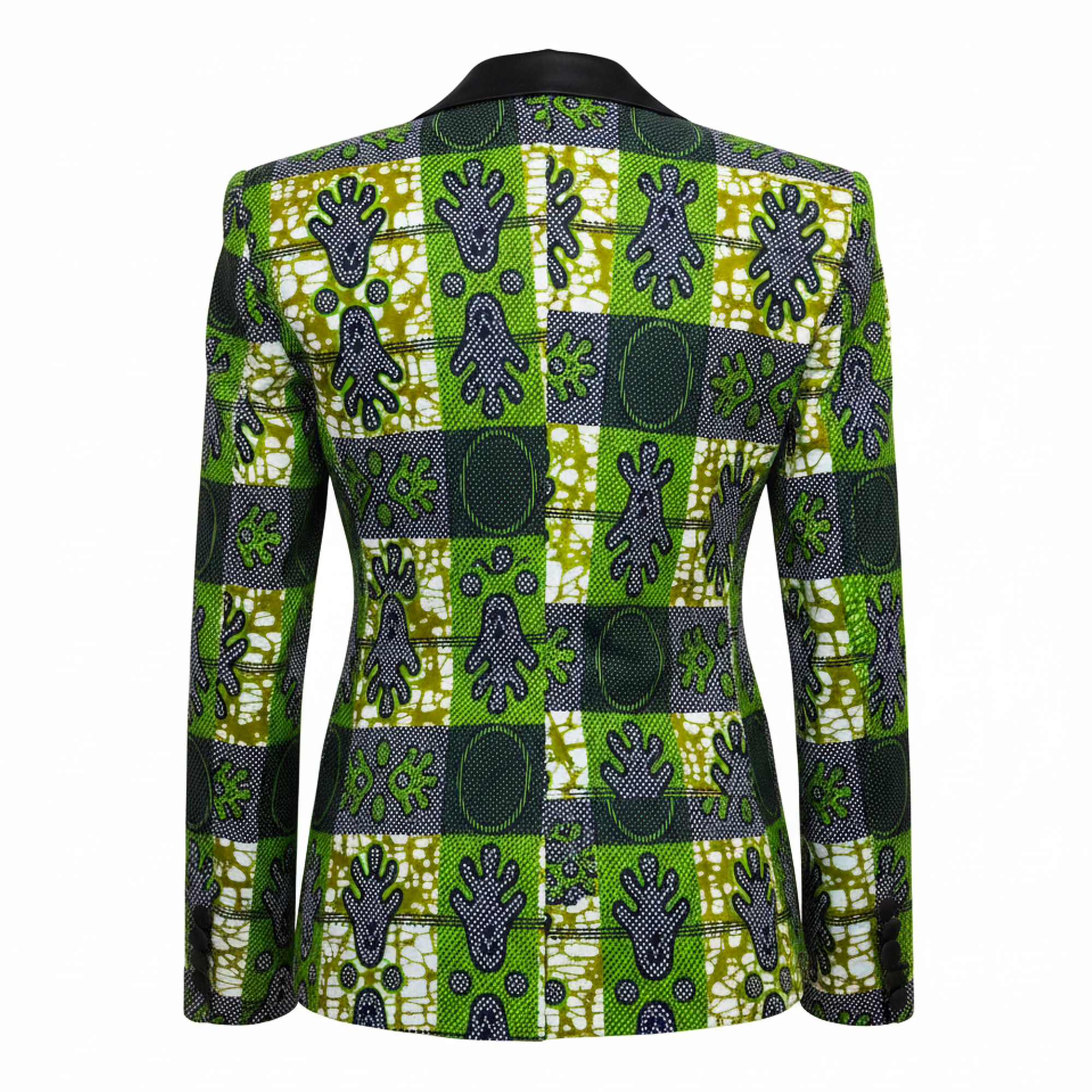 A men's long-sleeve blazer shown from the back, featuring a vibrant green, black, and white checkered pattern with hand-drawn style motifs.