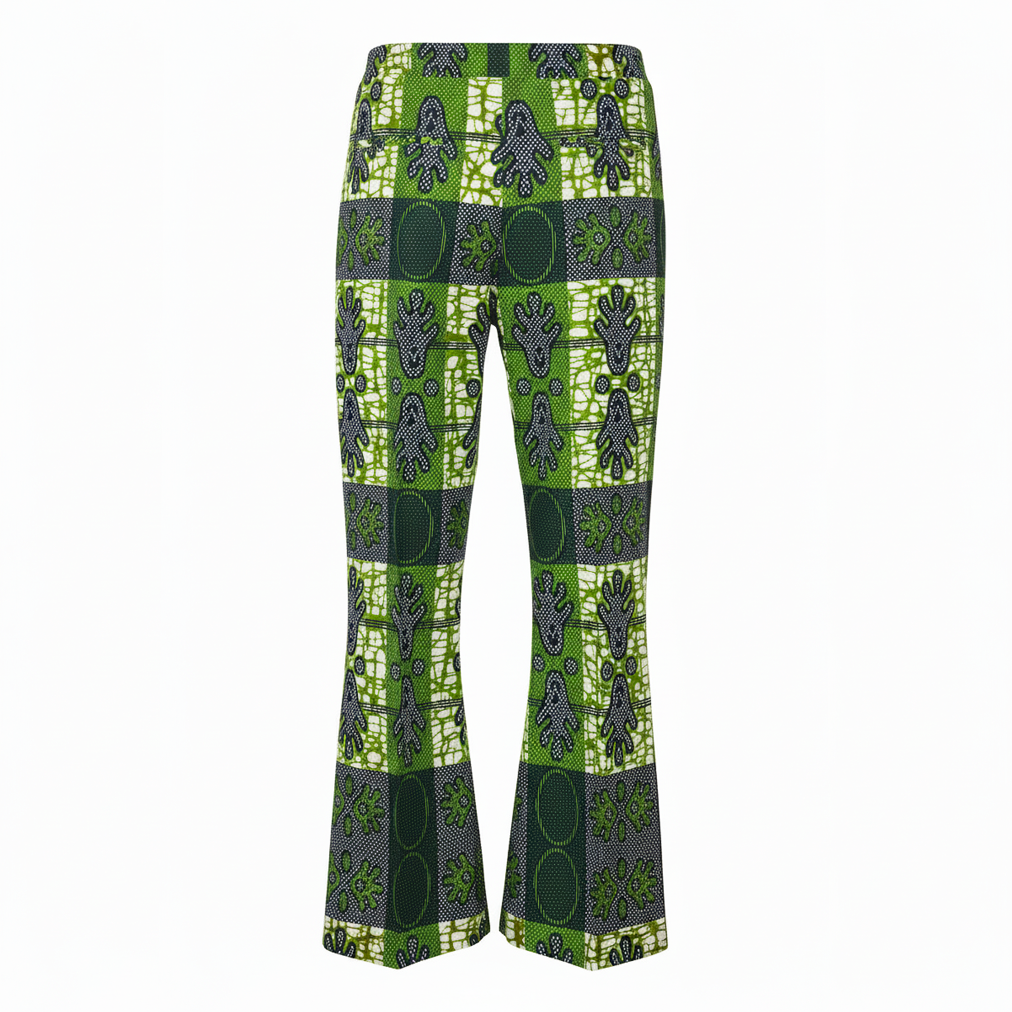 Green and gray patterned flare pants with a patchwork design featuring hand and circular motifs, shown against a plain white background.
