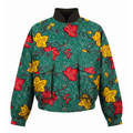 A green bomber jacket with a textured pattern of red and yellow autumn leaves and vines, featuring a ribbed black mock neck collar, front pockets, and elasticized cuffs and hem.