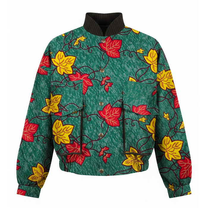 A green bomber jacket with a textured pattern of red and yellow autumn leaves and vines, featuring a ribbed black mock neck collar, front pockets, and elasticized cuffs and hem.