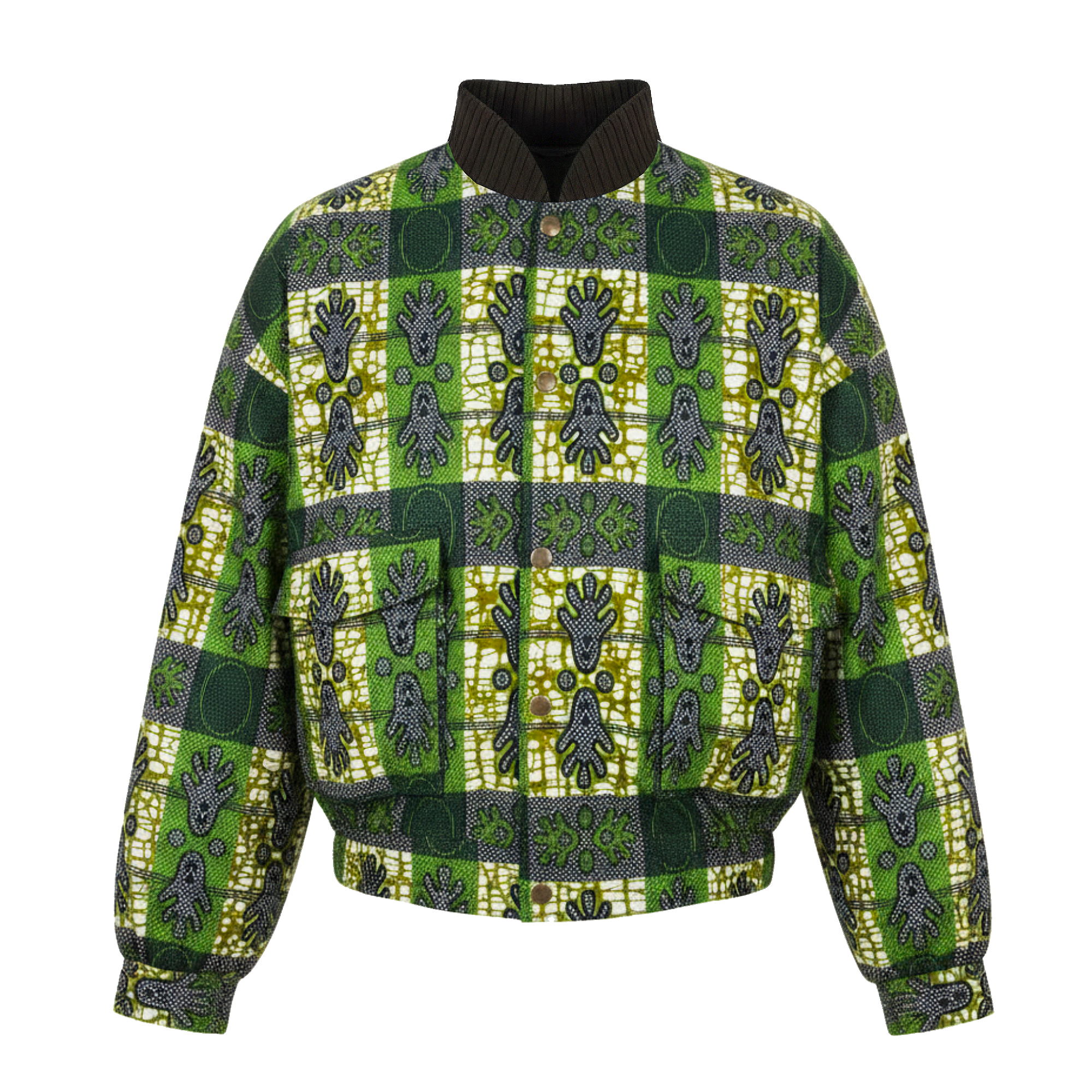 A green and yellow African wax print jacket with a dark brown ribbed mock neck collar, front zipper, and two front patch pockets, shown on a plain white background.