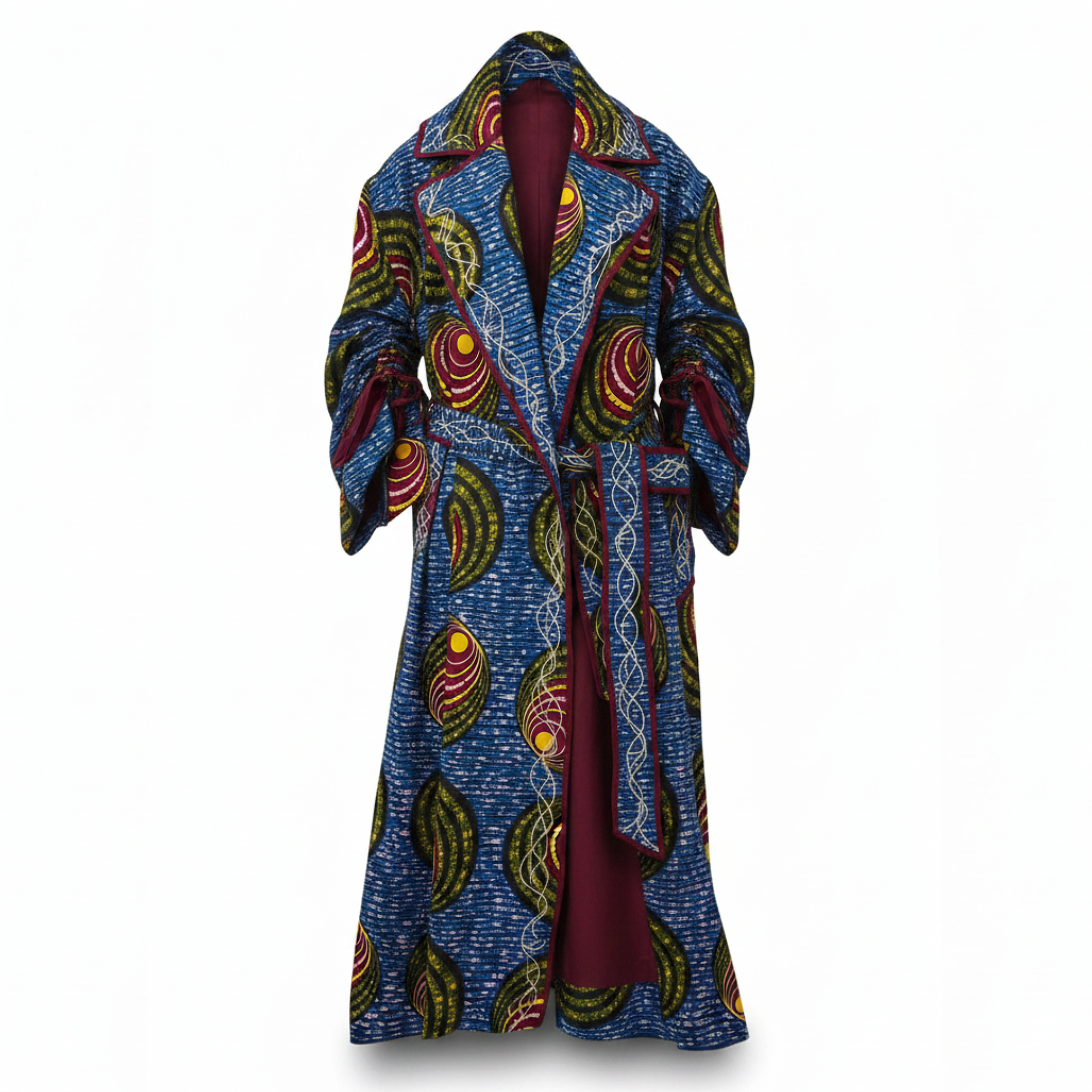 A long open-front robe with a blue base and an all-over multicolor batik-style leaf and circular pattern, shown against a plain white background.