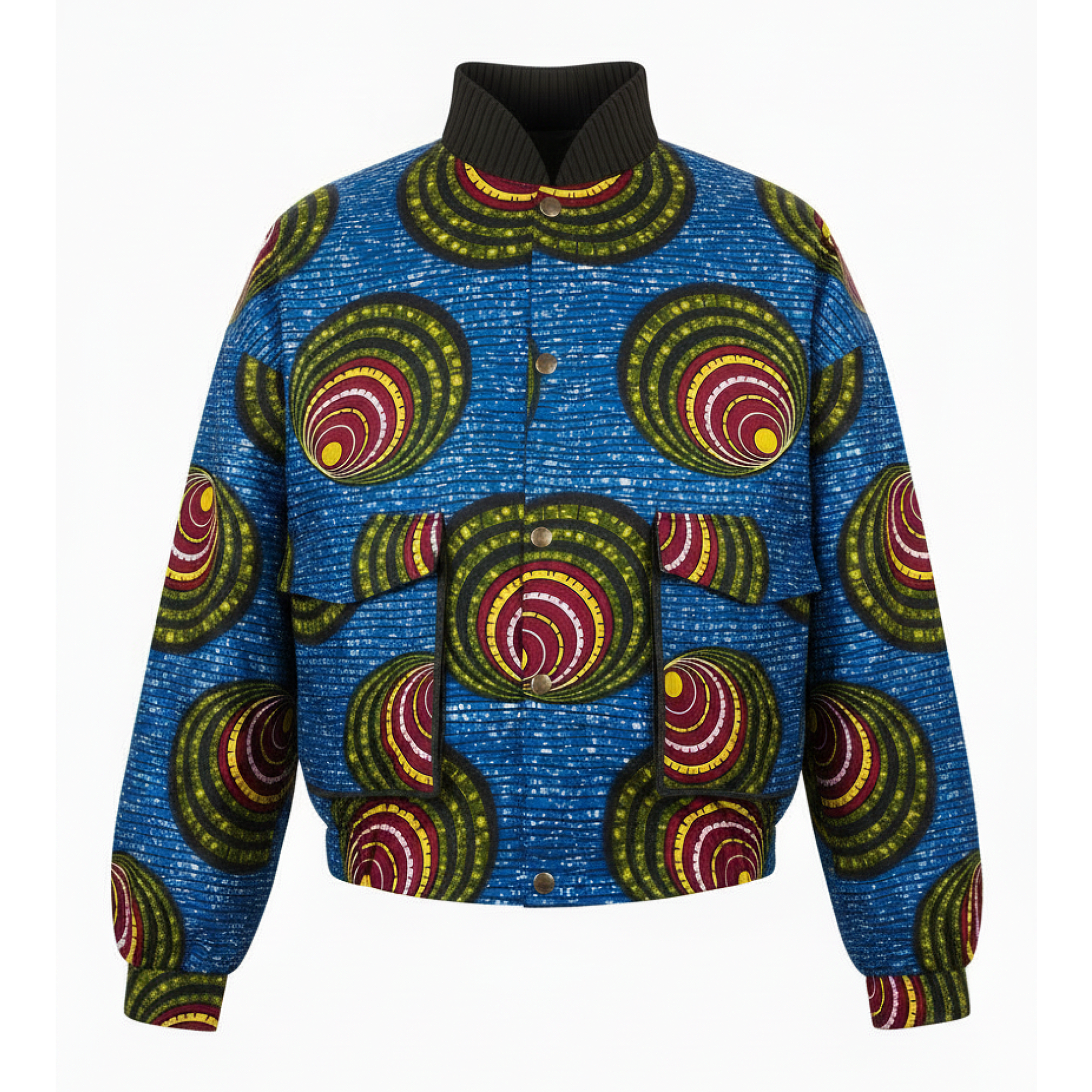 A blue bomber jacket featuring a bold African wax print pattern with concentric circles in green, yellow, red, and purple, set against a plain white background.