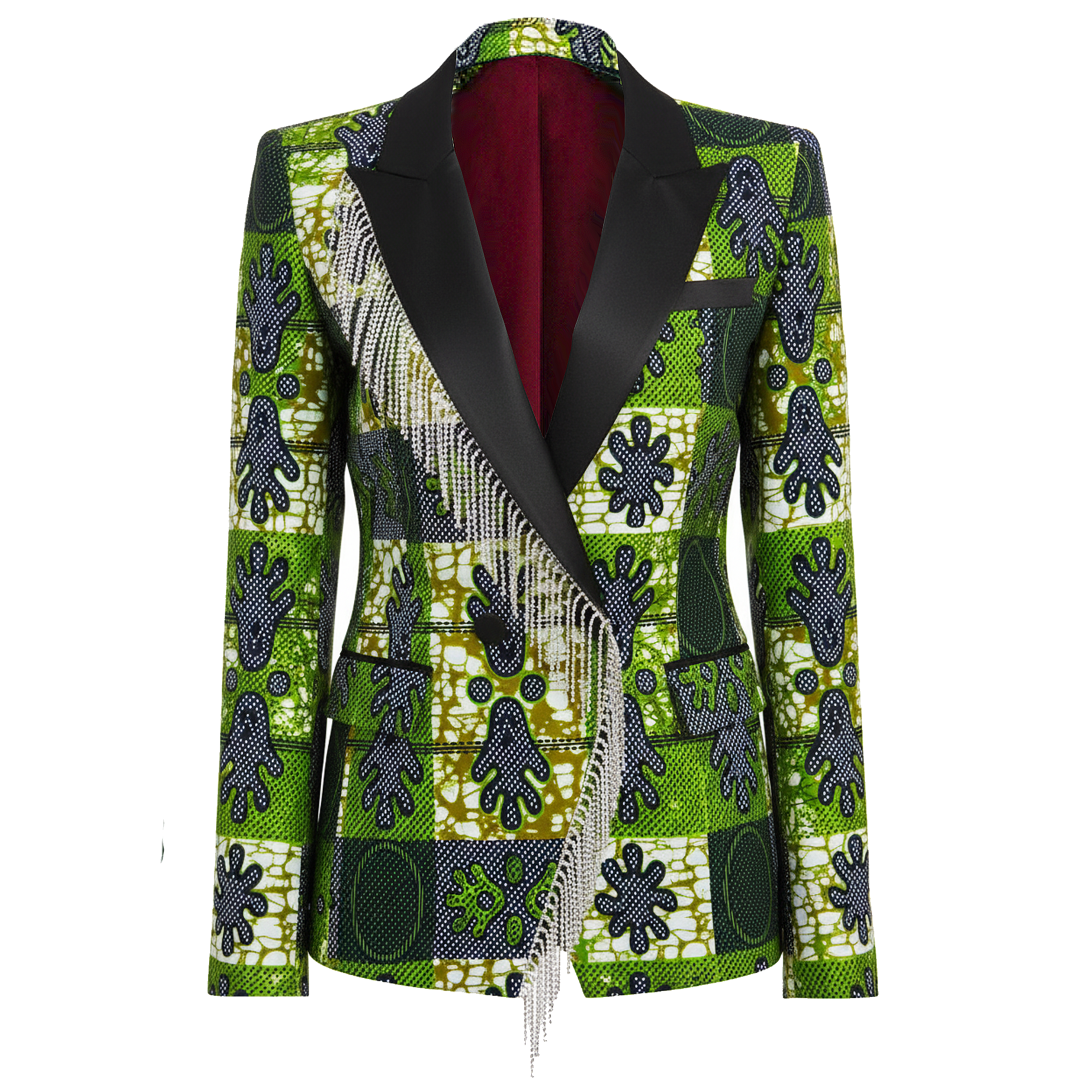 A women's blazer jacket featuring a vibrant green and white African wax print pattern with black abstract motifs, black satin peak lapels, and a silver beaded fringe detail running down the front wrap-style closure.