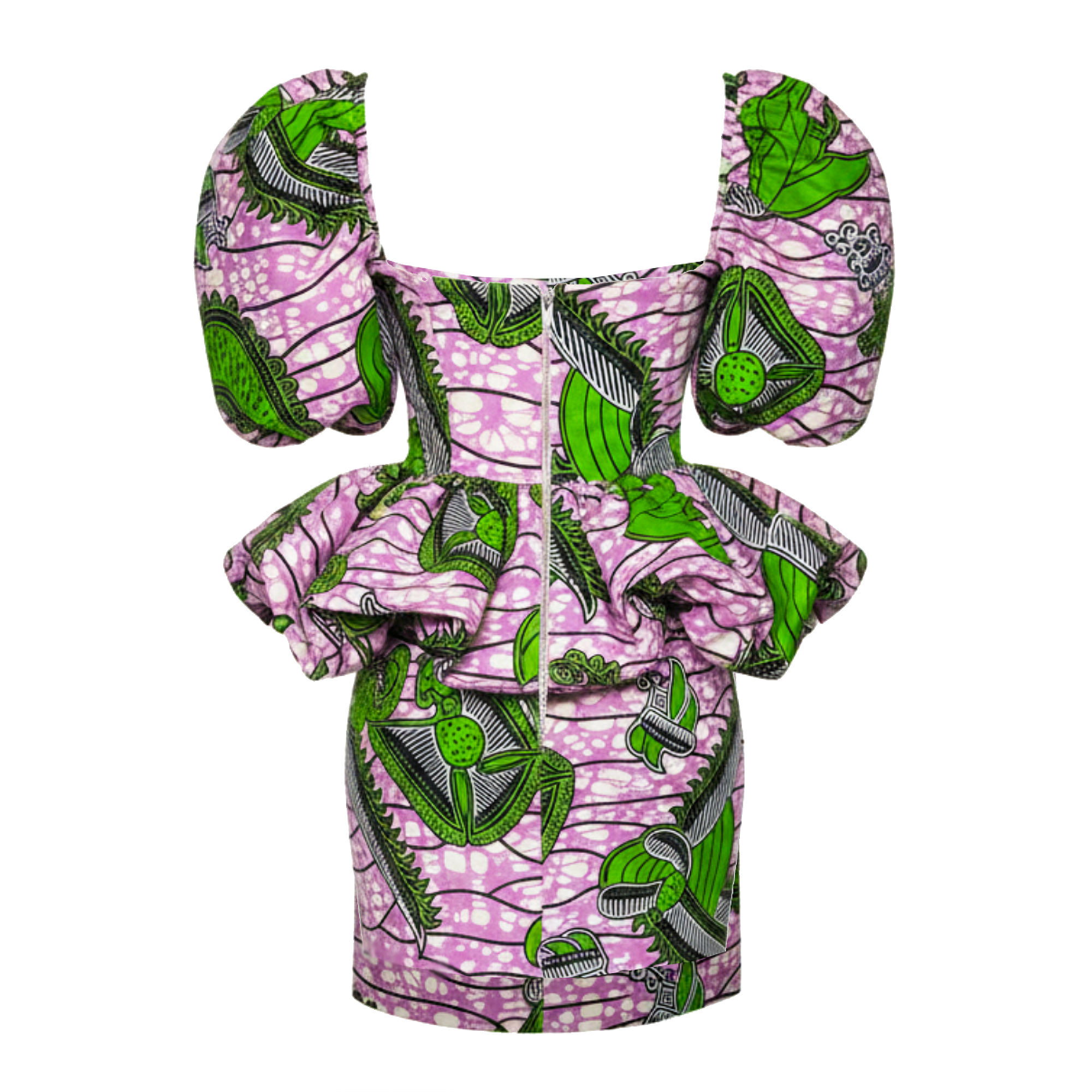 A short puff-sleeve dress featuring a vibrant pink and green African wax print pattern with a square neckline and a ruffled peplum waist, shown against a plain white background.