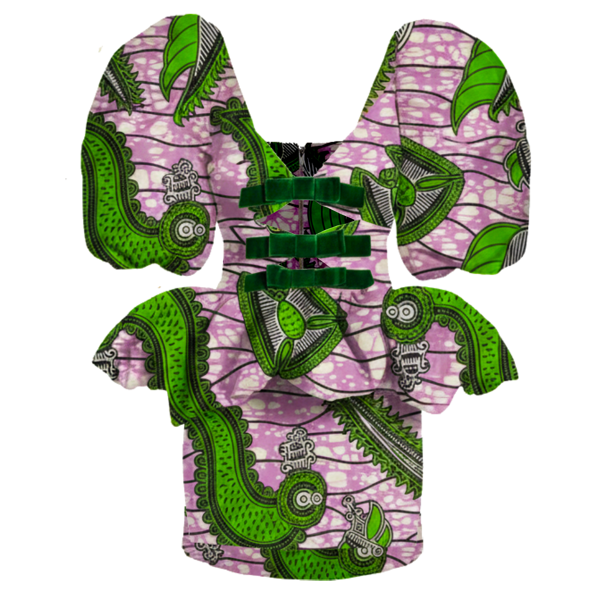 A butterfly-shaped top featuring a vibrant green and pink batik print with dragonfly motifs and green velvet frog closures at the center, shown on a plain white background.