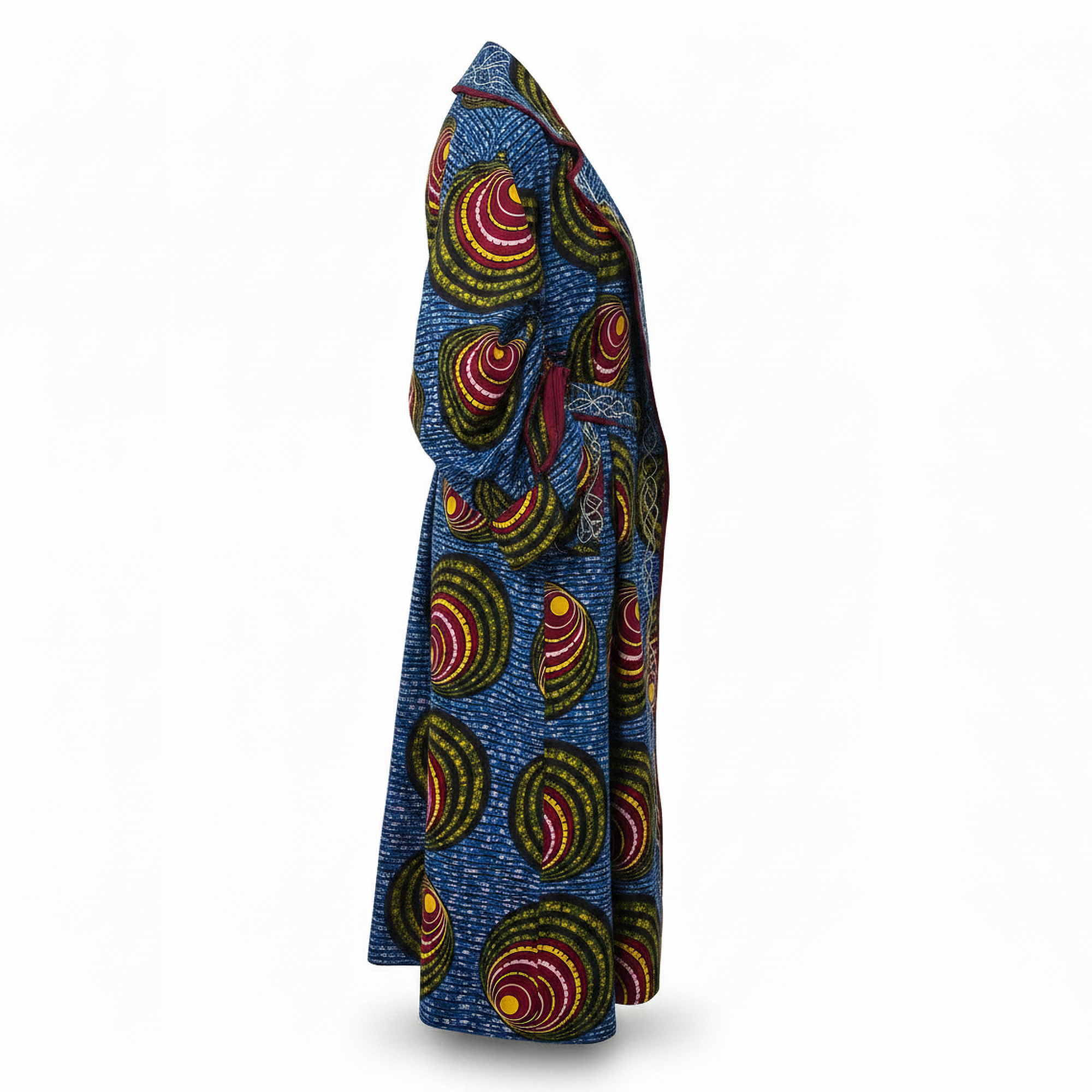 A long blue robe with a vibrant, multicolored circular dot pattern, shown in profile against a plain white background.