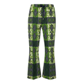 Green and dark gray patterned flare pants with a black drawstring waist, featuring a patchwork design of handprints, circles, and abstract motifs on a white background.
