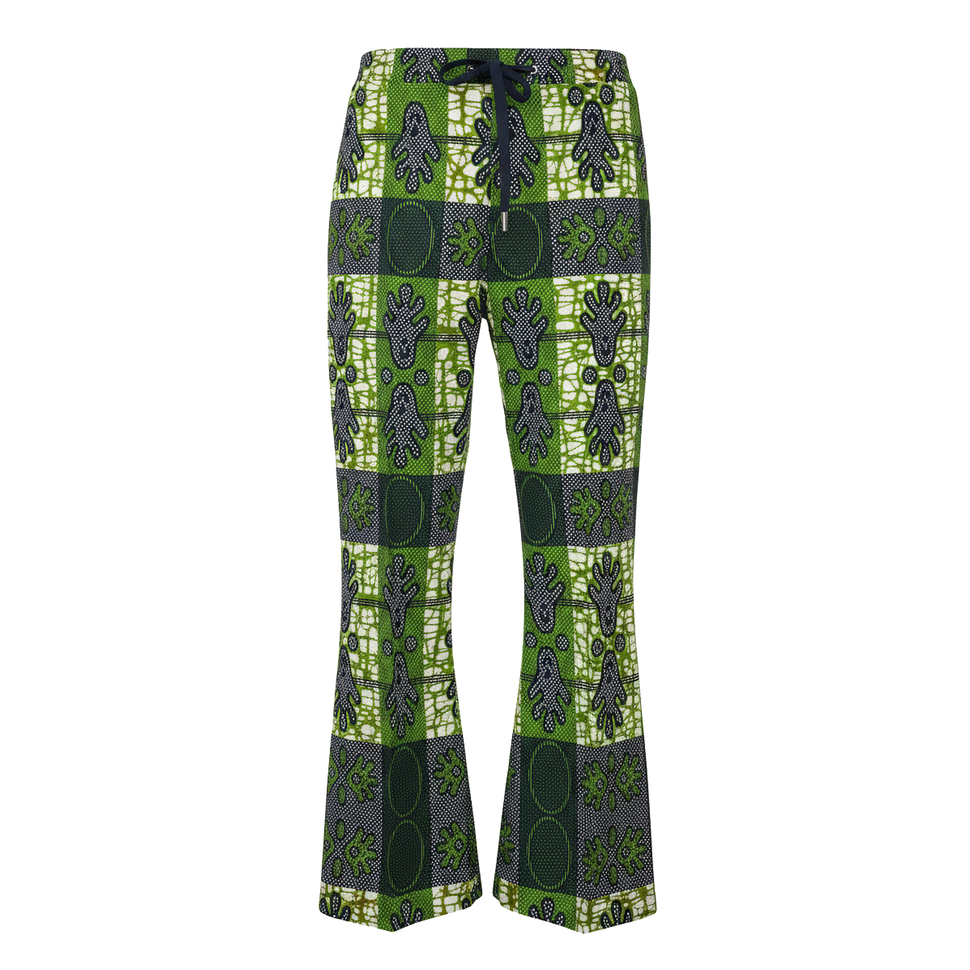 Green and dark gray patterned flare pants with a black drawstring waist, featuring a patchwork design of handprints, circles, and abstract motifs on a white background.