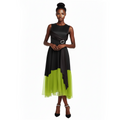 Woman wearing a black and green dress on a white background