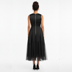 Glen Noir Crystal Buckle Tiered Midi Dress