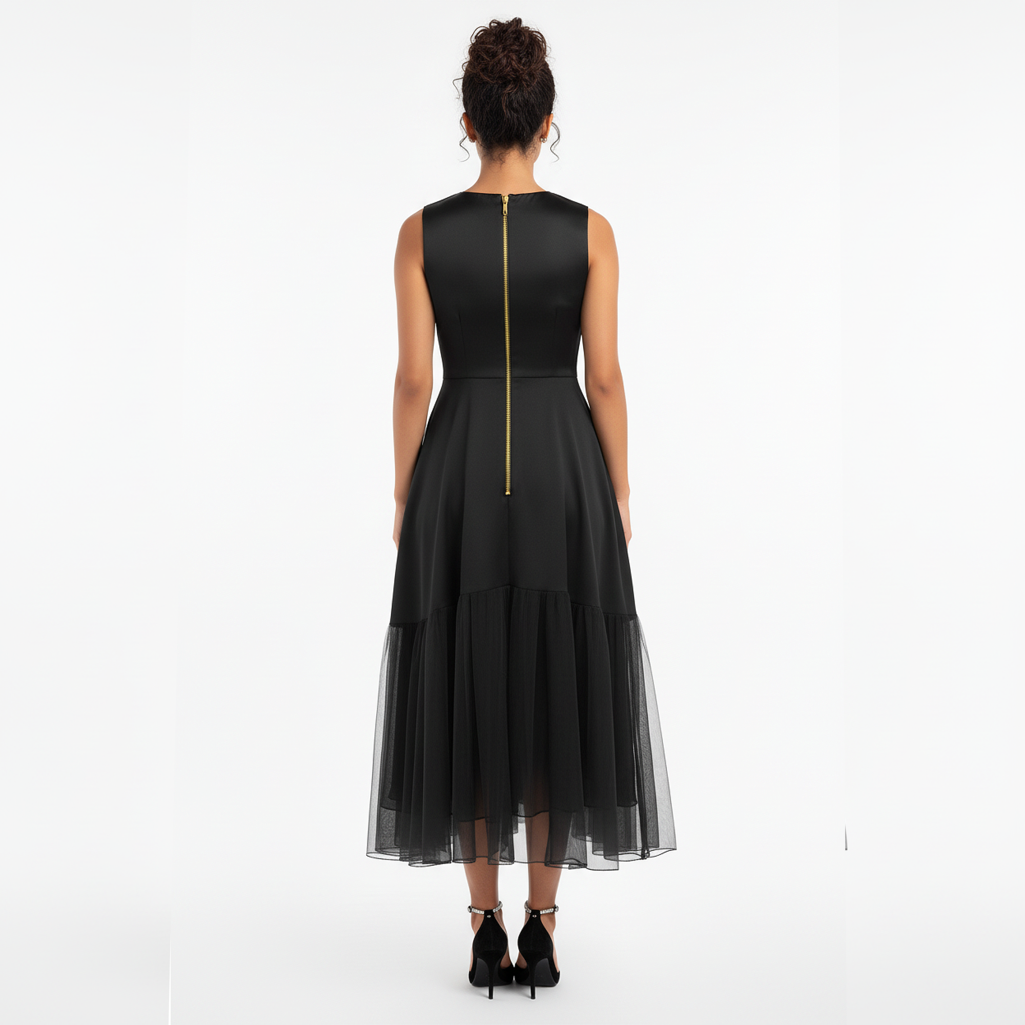 Glen Noir Crystal Buckle Tiered Midi Dress