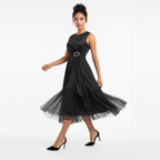 Glen Noir Crystal Buckle Tiered Midi Dress