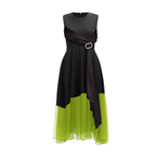 Black and green dress with a belt on a white background