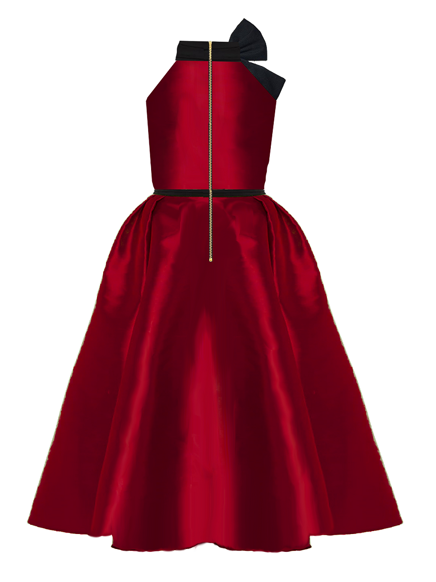 Red dress with black accents on a white background