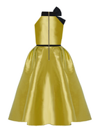 Yellow dress with black accents on a white background