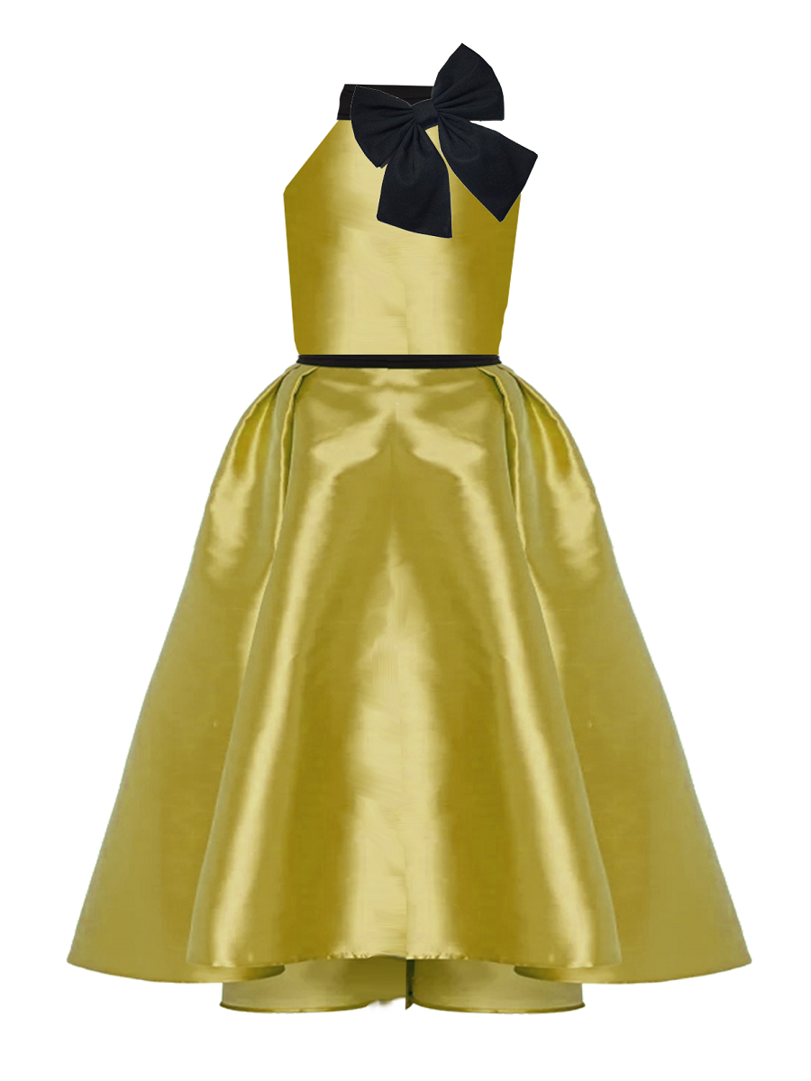 Gold dress with black bow on a white background